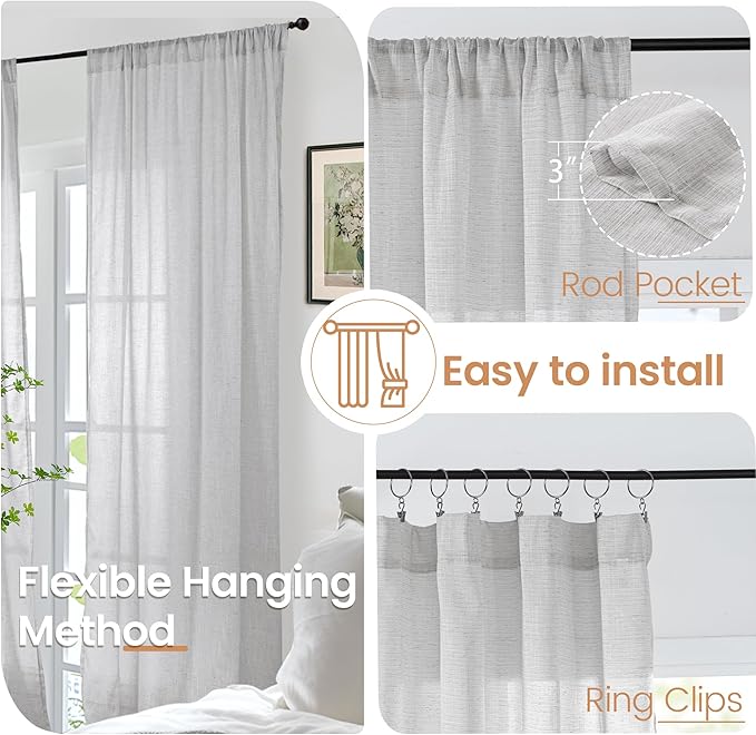 BGment Long Linen Curtains 102 Inch Length for Living Room, Light Grey Sheer Window Drapes for Bedroom Farmhouse Decor with Rod Pocket Lightweight Rustic Textured, 2 Panels Set, Each 52 Inch Wide