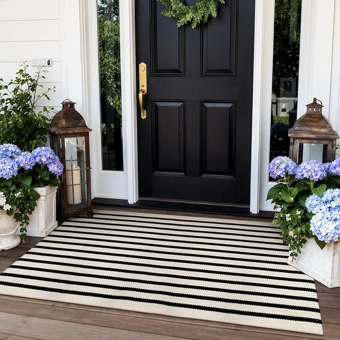 Collive Door Mat Black and White Striped Rug 27.5" x 43.3", Farmhouse Fall Front Porch Rug Reversible Washable Front Door Mats, Hand Woven Welcome Layered Doormat Carpet for Entryway Entrance