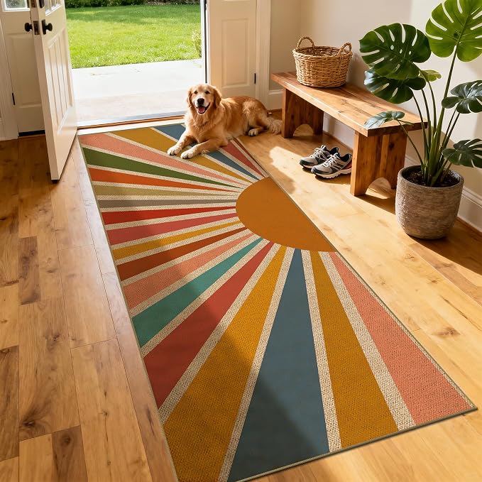 Washable Sun Easy Jute Runner Rug, 2x8 Rainbow Sun Modern Boho Retro Outdoor Indoor Patio Farmhouse Rug, Woven Ultra Thin Non Slip Long Runner Carpet Door Mat for Hallway Kitchen 8ft Entryway Porch