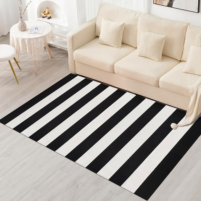 Black and White Striped Rug 3x5 Front Door Mat Cotton Woven Rug Front Porch Decor Washable Indoor Outdoor Rugs for Layered Door Mats Entryway Kitchen Bath Patio Farmhouse Carpet