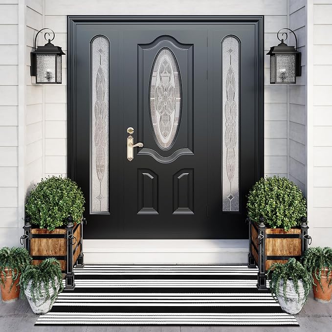 LEEVAN 2.3'X3.6' Black and White Striped Woven Reversible Outdoor Rug | Small Machine Washable Front Porch Rug, Cotton Entryway Door Mat, Indoor Layering Carpet for Farmhouse Bathroom Laundry