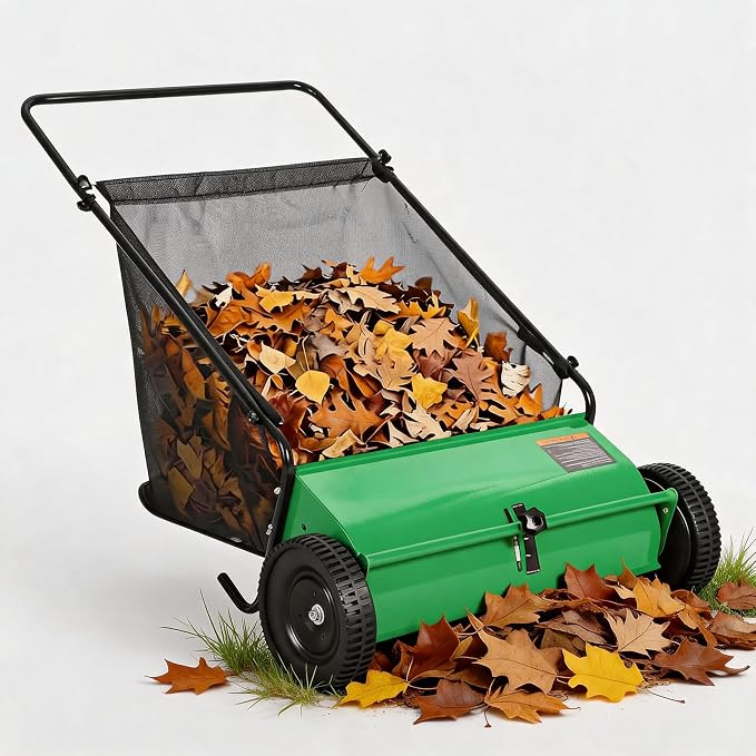 Heavy Duty 26-Inch Push Lawn Sweeper – 4 High-Speed Spinning Brushes | Durable Steel Frame, 7 Cu. Ft. Removable lawn mower, Ideal for Leaf & Grass Collection on Yard, Garden, Patio, Driveway –