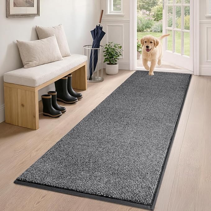 PURRUGS Dirt Trapping Door Mat 24" x 59", Non-Slip Machine Washable Entry Rug, Entrance Mat, Indoor Front Door Mat, Super Absorbent Entryway Rug for Muddy Shoes & Paws, Heathered Grey