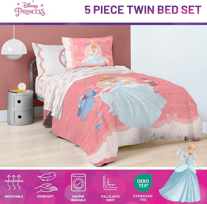 Disney Princess Cinderella Twin Comforter Set 5 Piece Kids Bedding, Pink | Bed in a Bag, Comforter Sheets Sham Pillowcase, Official Brand, Soft Microfiber, Machine Washable, Easy Care, Girls Gift
