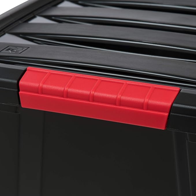 IRIS USA 4-Pack 32 Quart Storage Bins with Lids, Black | Black finish conceals stored items. Great for linens, décor, closet storage, and supplies. Nestable design saves space