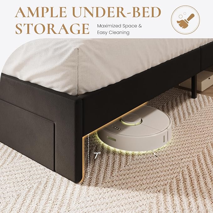 SHA CERLIN Full Velvet Platform Bed Frame with 2 Storage Drawers, LED Storage Headboard with Charging Station, Upholstered Wingback Headboard, Noise-Free, No Box Spring Needed, Easy Assembly, Black