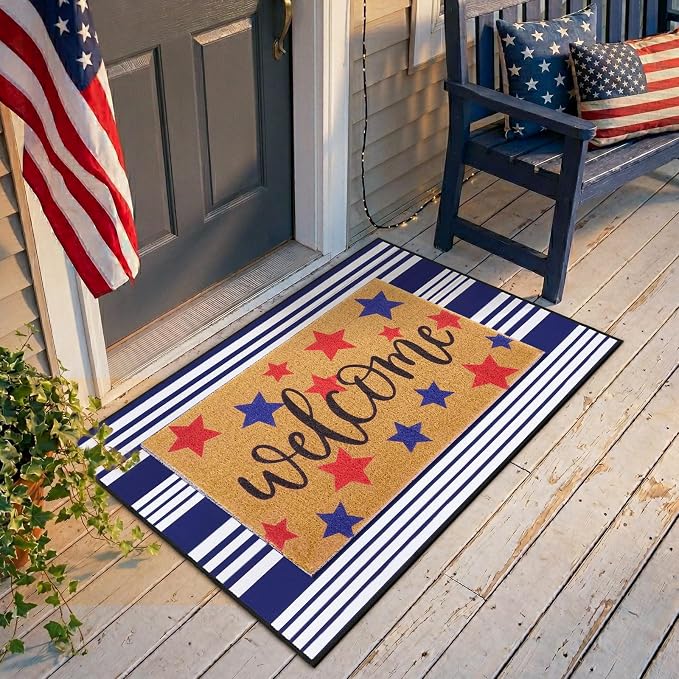 2 Pcs 4th of July Welcome Door Mat Patriotic Star Doormat White Blue Star Door Mats Non-Slip Coir Doormat with Stripes Layered Rug for America 250th Anniversary, Front Porch Entryway Decor