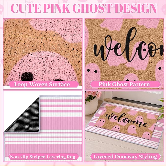 2 Pcs Pink Ghost Halloween Welcome Doormats, 16 x 24 in Welcome Ghost Door Mat and 24 x 32 in Pink White Striped Layering Rug, Cute Fall Porch Decor for Entryway Patio Kitchen Bathroom Floor