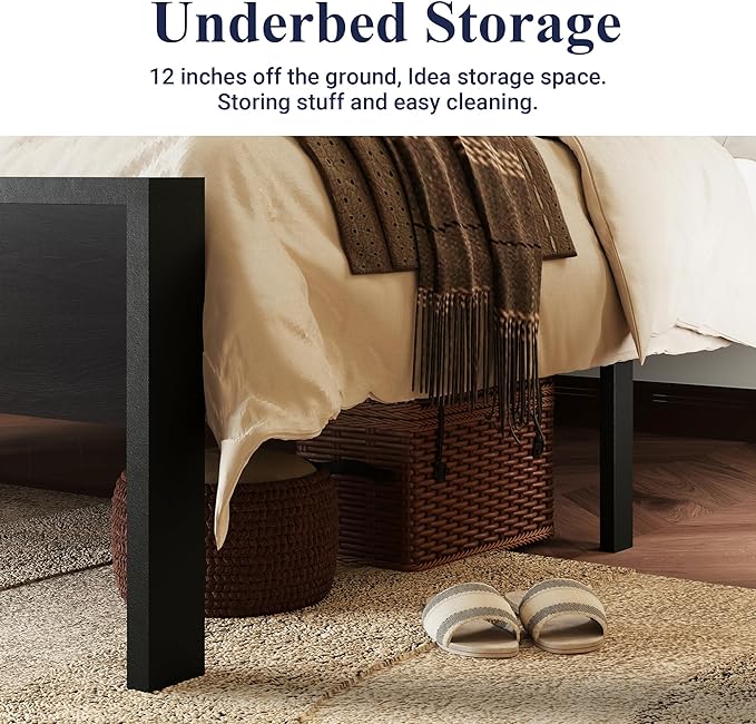 Allewie Full Size Bed Frame, Heavy Duty 12 Metal Slats Support, Black Oak | Wooden Headboard and Footboard, Modern Platform Bed, No Box Spring Needed, Under-Bed Storage, Noise Free, Easy Assembly