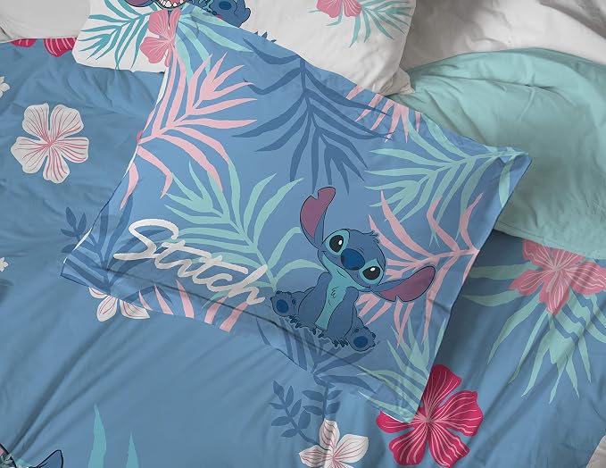 Jay Franco Disney Lilo & Stitch Queen Comforter Set, 7 Piece Bed in a Bag - Reversible with Shams & Sheets - Super Soft Microfiber Kids Bedding, All Season Machine Washable (Official Disney Product)