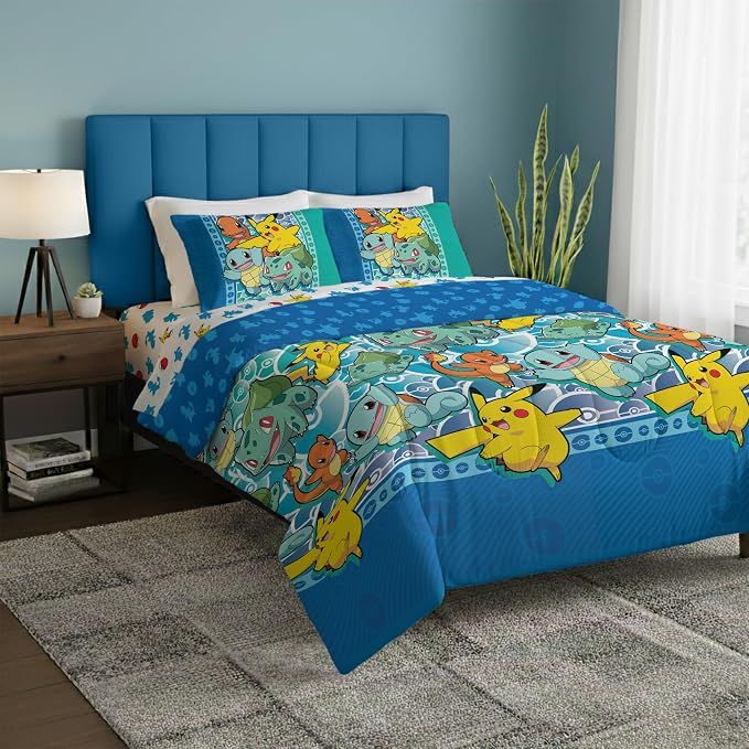 Northwest Pokemon First Starters Full Size Bed in a Bag Set, Pikachu Charmander Squirtle Bulbasaur, Kids Boys Girls Bedding Comforter Sheets
