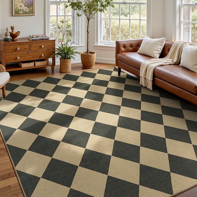 Lessymo Area Rugs 8x10 for Living Room, Easy Jute Washable Patio Outdoor | All Vacuums Compatible, Non Slip Indoor Carpet for Bedroom Backyard Dining Room, Kid Pet Friendly, Diamond Black/Beige