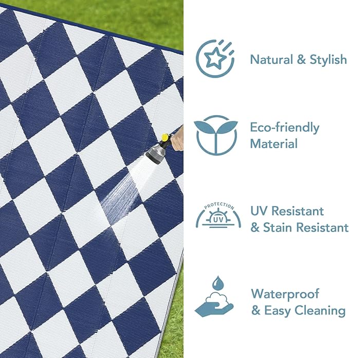 GarveeLife 9x18 Outdoor Rug for Patio Reversible, Plastic Straw Rug Waterproof Camping Rug Portable, Foldable Lightweight Mat for RV, Patio, Backyard, Deck, Picnic, Beach (Dark Blue/White)