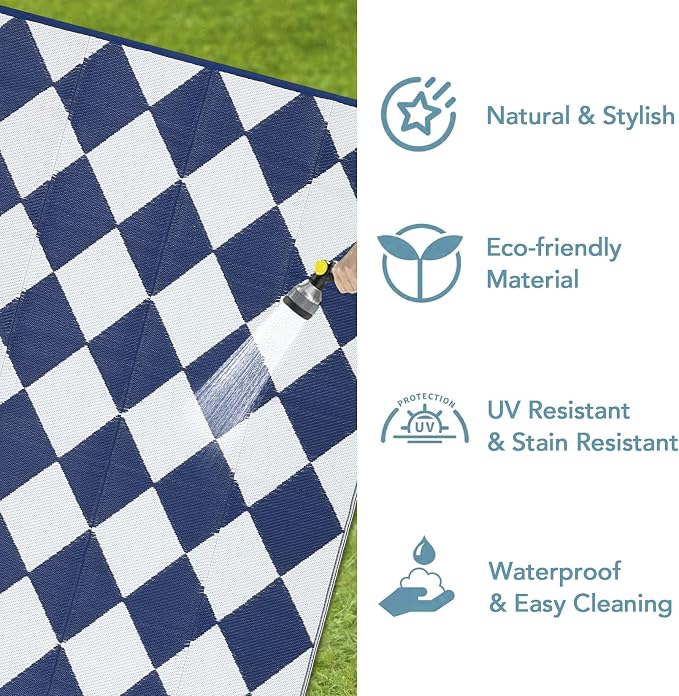GarveeLife 8x10 Outdoor Rug for Patio Reversible, Plastic Straw Rug Waterproof Camping Rug Portable, Foldable Lightweight Mat for RV, Patio, Backyard, Deck, Picnic, Beach (Dark Blue/White)