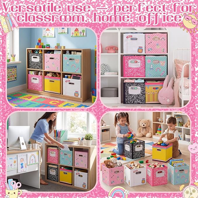 Gerrii 6 Pack 11 Inch Cube Storage Bins for Classroom Foldable Fabric Storage Cube Bins Pencil Composition Notebook Organizing Baskets with Grommet Handles for Back to School Organizer Shelves Decor