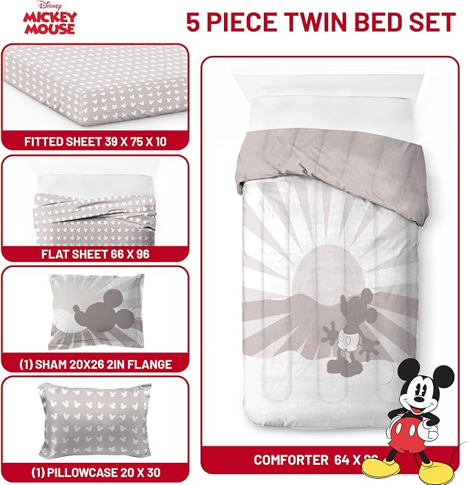 Disney Mickey Mouse Twin Comforter Set 5 Piece Cartoon Bedding, Grey | Bed in a Bag, Comforter Sheets Sham Pillowcase, Official Product, Soft Microfiber, Machine Washable, Easy Care, Kids Gift