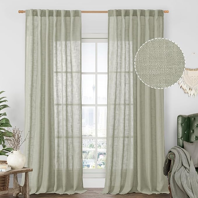 LAMIT Sage Grey Linen Curtains 90 Inch for Living Room, Back Tab and Rod Pocket Linen Textured Farmhouse Curtains Light Filtering Drapes for Bedroom/Dining Room, Set of 2, 52 x 90 Inch