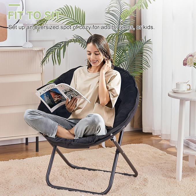 VECELO Saucer Chair for Adults, Folding Moon Chair with Metal Frame, Faux Fur for Bedroom, Living Room, Dorm Room, Apartment, Black