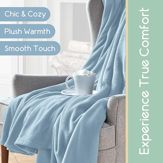 Vellux Twin Size Microfleece Supersoft Lightweight Throw Blanket | All-Season Comfort | Plush Pet-Friendly Blue