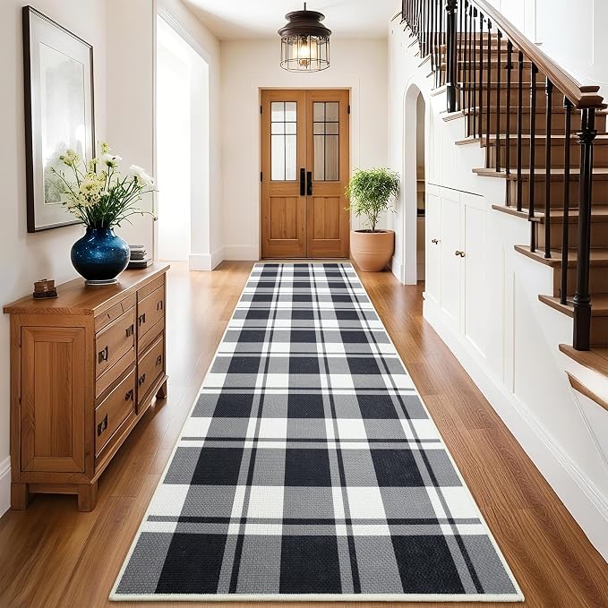 AROGAN Checkered Jute Runner Rug for Hallway, 2x8 Kitchen Runner Washable Rugs Carpet, Long Farmhouse Design Geometric Rugs for Entryway Indoor Laundry Welcome Mat 8 Ft Entry, Black and White
