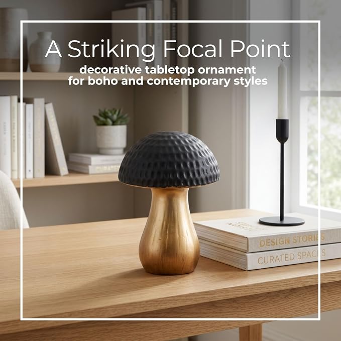 Ceramic Figurine Statue – Sculptural Room Decor Accent, for Shelf, Desk, or Console Placement, Black and Gold Mushroom–Inspired Modern Home Decor Art Design – 7", Black & Gold Finish