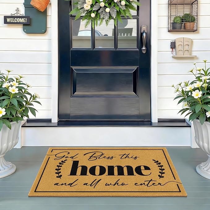 Coir Door Mat Welcome Mats for Front Door Outside Entrance Doormats with Heavy Duty Backing God Bless Matt for Religious Gifts Anti-Slip Christian Rug for Porch Home Outdoor Decoration 16.9"x29.9"