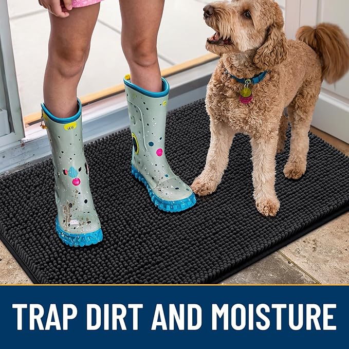 Smiry Dog Door Mat for Muddy Paws 59x20, Absorbent Dirt Trapper, Non-Slip Washable Chenille Entryway Rug for Inside Floor, Black, Classic Solid