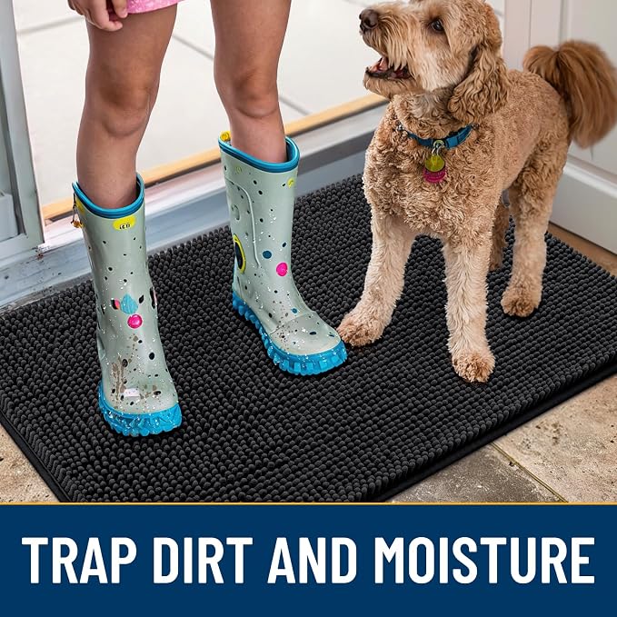 Smiry Dog Door Mat for Muddy Paws 30x17, Absorbent Dirt Trapper, Non-Slip Washable Chenille Entryway Rug for Inside Floor, Black, Classic Solid