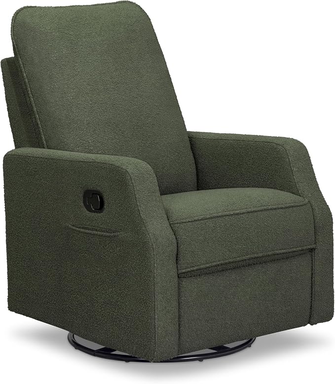 Davinci Lucas Pillowback Swivel Recliner in Cozy Olive Boucle, Greenguard Gold & CertiPUR-US Certified | GREENGUARD Gold Certified Nursery Recliner Chair w/ High Pillow-Back, Padded Arms & Bonus Lumbar Pillow - Manual, 360° Swivel