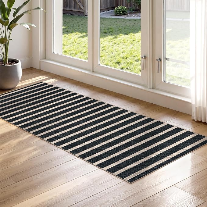 Lahome Striped Easy Jute Kitchen Runner Rug, 2x6 Washable Rugs for Hallways | Indoor Outdoor Black Non Slip Entryway Runners, Modern Farmhouse Neutral Carpet for Laundry Room Front Porch Entry