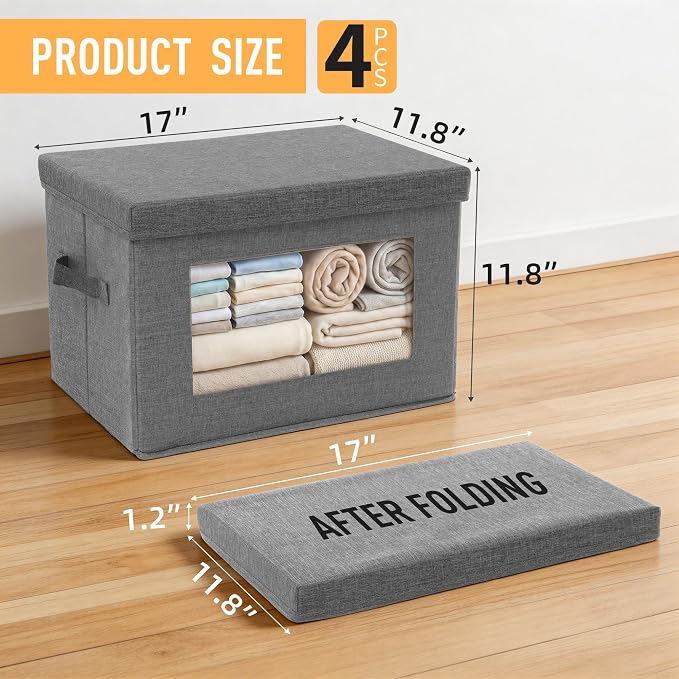 4-Pack Large Storage Bins with Lids & Clear Window, Foldable Fabric Closet Organizer Boxes, Stackable Cube Baskets with Soft Handles for Clothes & Blankets, 17”, Grey