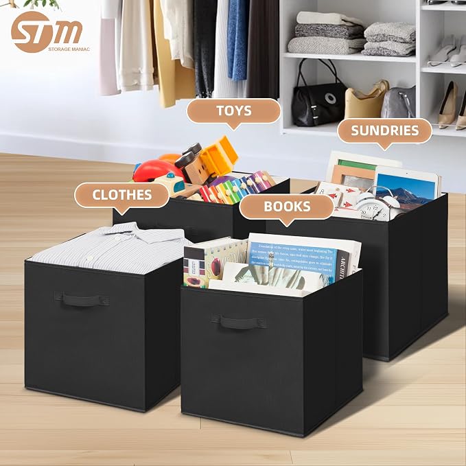 STORAGE MANIAC Storage Cubes, 13 Inch Collapsible Storage Bins with Handles, 8 Pack Fabric Foldable Bins for Organization, Durable Storage Bins for Closet, Shelves, Offices, 8-Pack Black