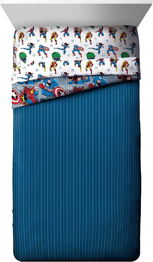 Marvel Comics Iron Man Twin Comforter Set 4 Piece Kids Bedding, Multi | Hulk Captain America, Bed in a Bag, Comforter Sheets Pillowcase, Soft Microfiber, Machine Washable, Boys Gift