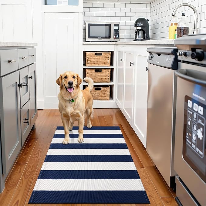 OLANLY Navy and White Striped Rug 2' x 3' (24" x 36") – Washable Cotton Indoor Outdoor Doormat for Front Door, Entryway, Kitchen, Porch, Patio Decor