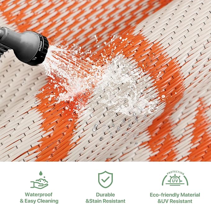 GENIMO Outdoor Rug, Waterproof Plastic Rugs for Patio, 6'x9' Orange Beige | Outside Larger Leaf Carpet Mat for Porch Decor, Deck, Balcony, Camping, RV, Backyard, Picnic, Beach, Reversible, Foldable