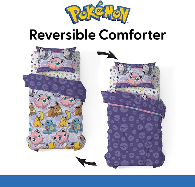 Northwest Pokemon Friendly Battle Twin Size Bed in a Bag Set, Pikachu Eevee Jigglypuff Squirtle, Kids Boys Girls Bedding Comforter Sheets