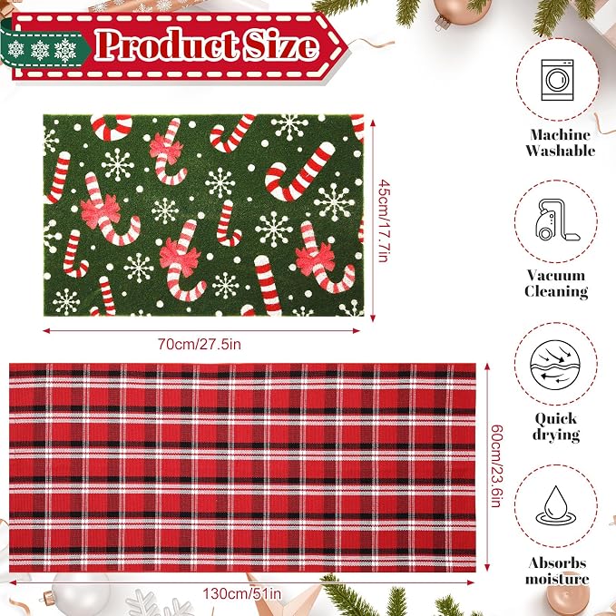 2 Pcs Outdoor Door Mat Combo Set Layered Outdoor Rug and Coir Welcome Doormat Non Slip Outside Floor Mat for Front Porch Entryway Patio Yard Decor(Candy Cane,24'' X 51',18'' X 28'')