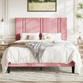 Allewie Queen Platform Bed Frame with Adjustable Headboard | Plush Velvet Upholstered, Vertical Channel Tufted, Sturdy Wood Slats, No Box Spring Needed, Easy Assembly, Pink