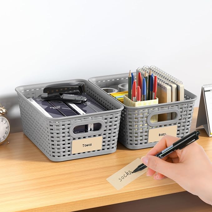 8 Pack Plastic Storage Baskets,Gray Stackable Storage Bins | 5.3qt Storage Containers with Labels for Organizing Shelves Drawers Desktop Closet Playroom Classroom Office