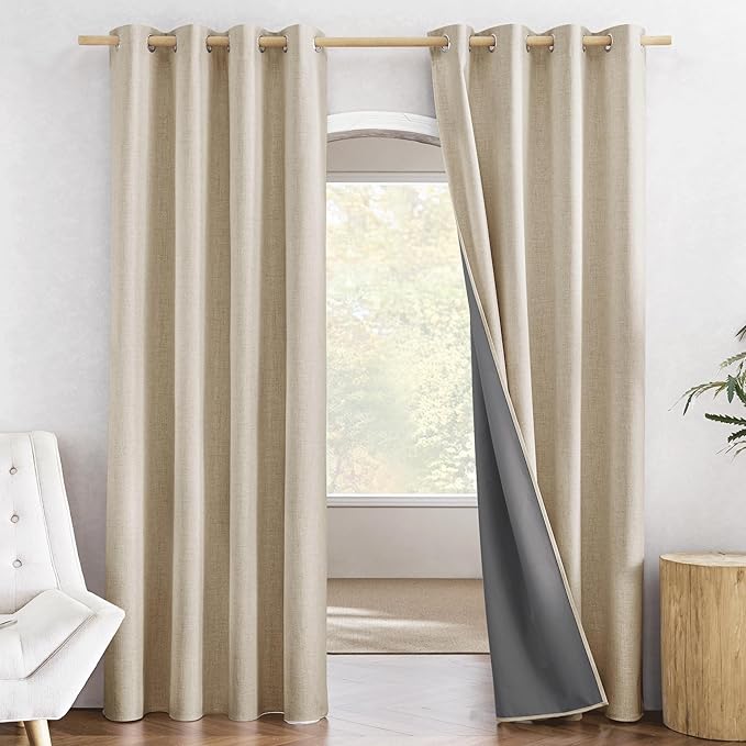 NICETOWN Cream 100% Blackout Linen Curtains 84 inch Long Burg for Living Room, 1 Pair, 52" Width Each Panel, Farmhouse Thick Completely Blackout Window Treatment Thermal Insulated Drapes