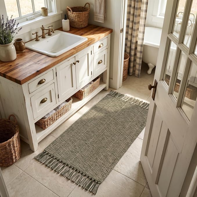 Collive 2' x 4.3' Indoor Outdoor Rug, Modern Farmhouse Moss Green Kitchen Runner Rugs Hand-Woven Bathroom Mat, Boho Washable Front Door Mats Reversible Entry Carpet for Laundry Bedroom Porch Decor