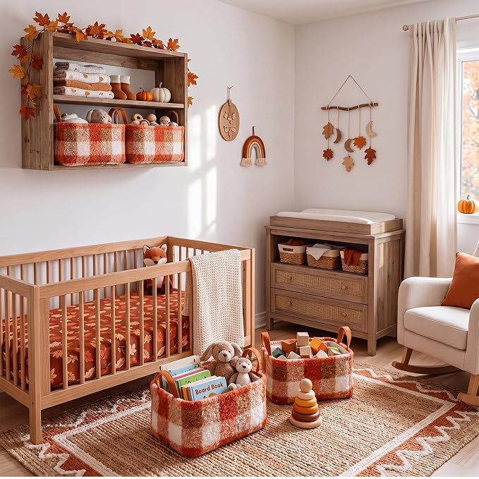 2 Pcs Orange Checkered Storage Basket 14x10'' Fall Gift Baskets | Back to School Gift, Plaid, Foldable, Fluffy Boucle, Laundry, Closet Organizer Bin with Handle, Autumn, Home Tabletop Car