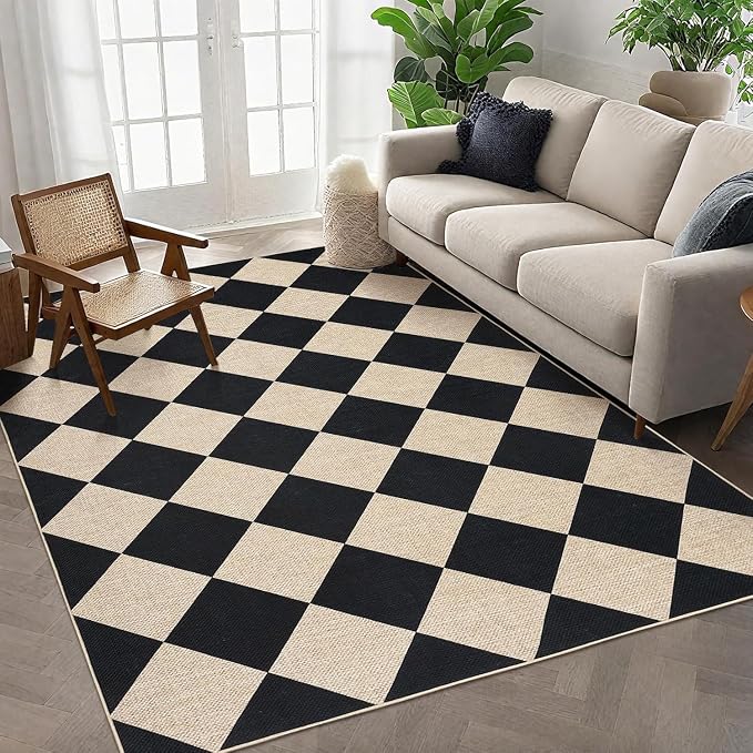 COZYLOOM 6x9 Area Rugs for Bedroom Washable Rug with Non Slip Backing, Modern Diamond Pattern Easy Jute Rug Stain Resistant Foldable Thin Mats for Living Room, Dining Room, Patio, Black