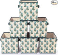 Bokon 6 Pcs 11 Inch Block Print Storage Bins Cube Cyan and White Storage Basket Rustic Floral Foldable Fabric Organizing Bins with Handles for Home Office Shelves Closets Clothes Toys Books