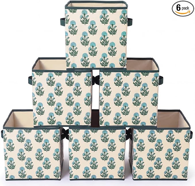 Bokon 6 Pcs 11 Inch Block Print Storage Bins Cube Cyan and White Storage Basket Rustic Floral Foldable Fabric Organizing Bins with Handles for Home Office Shelves Closets Clothes Toys Books