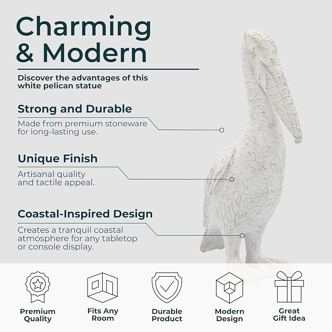 Modern Ceramic Standing Pelican Sculpture - Home Accent for Bathroom, Office, Room and Living Room - Ideal for Shelf and Coffee Table Decor Display - Figurine and Ornaments Accent - 14", White