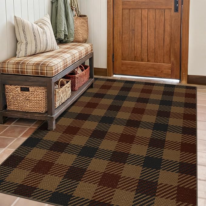 Neutral 4x6 Area Rug for Indoor Entrance - Easy Jute Brown and Red Checkered Rug for Large Entryway, Small Living Room, Stain Resistant Low Pile Retro Vintage Dark Décor