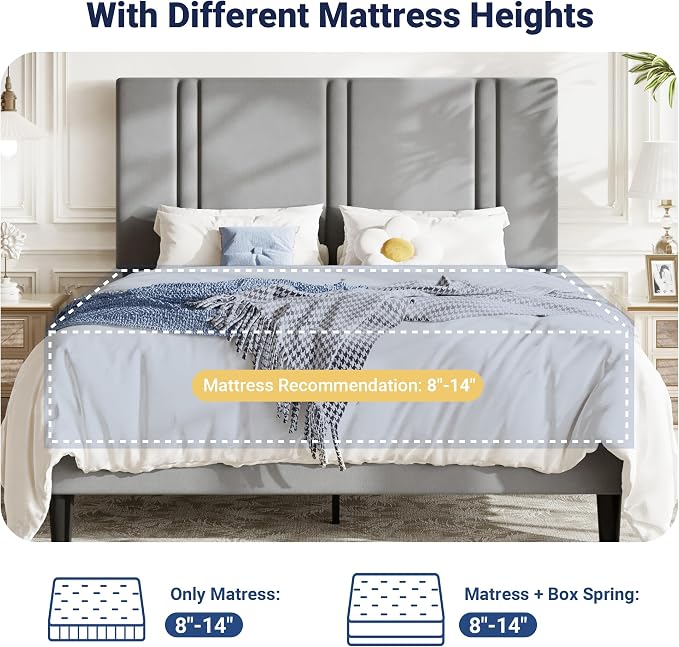 Allewie Full Size Platform Bed Frame with Adjustable Headboard | Plush Velvet Upholstered, Vertical Channel Tufted, Sturdy Wood Slats, No Box Spring Needed, Easy Assembly, Grey