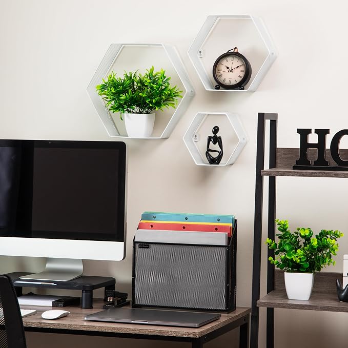 Mind Reader Hexagon Floating Shelves, Wall Decor, Honeycomb Accent Shelf, Office, Metal Mesh, 14" L x 4" W x 12" H, Set of 3, White