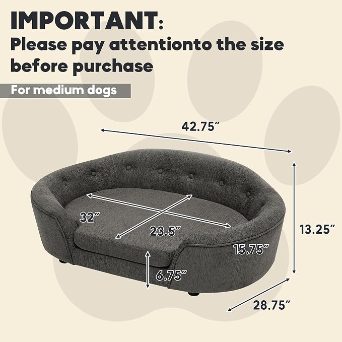 Dog Couch Bed with Oval Semi-Enclosed, Durable Linen Material Pet Sofa Couch with Soft Foam Cushion, Dog Sofa Bed with Legs for Medium Dogs, Dark Grey